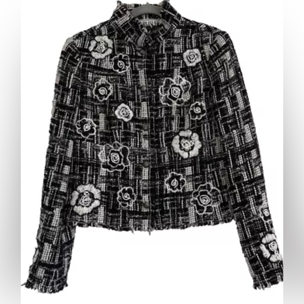 Vintage Carlisle Tweed Embroidered Floral Jacket Black & White Mock Collar Sz 2 - Picture 2 of 8